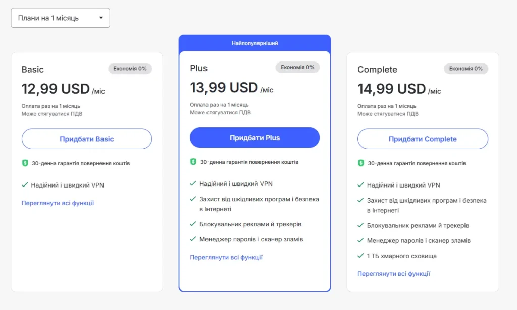 Ціни на план 1 місяць NordVPN